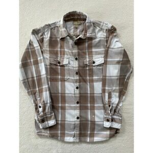 Distressed Sonoma Flannel Shirt Mens Small Brown Plaid Long Sleeve Button Pocket